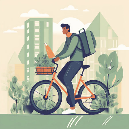 Delivery man on bike with rucksack and shopping boxes. AI generative illustration, vector flat design styleの素材