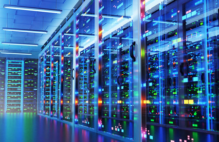 Interior of Big Modern server room with rows of rack cabinets, data centre or mining farm interior with beautiful neon lights reflections. 3D rendering illustrationの写真素材