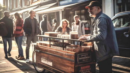 Man selling a coffee from bike counter, fictional character made with AI generative.の素材