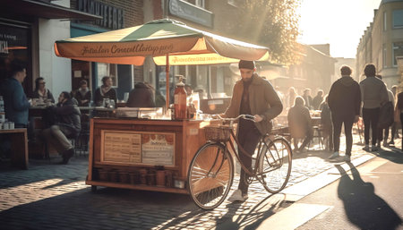 Man selling a coffee from bike counter, fictional character made with AI generative.の素材