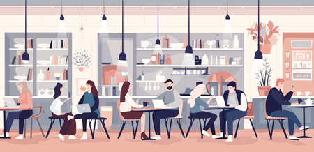 Young people working from cafe. Cafe interior, remote working concept illustrationのイラスト素材