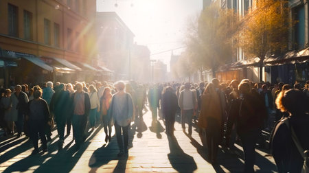 Lots of people walking in the City. City street in morning, sunrise and people heading at work AI generative illustrationの素材