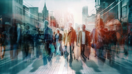 Multiple exposure image of people walking in the City. City street in morning, sunrise and people heading at work AI generative illustrationの素材