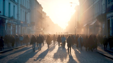 Lots of people walking in the City. City street in morning, sunrise and people heading at work AI generative illustrationの素材