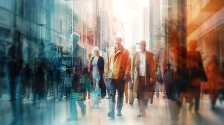 Multiple exposure image of people walking in the City. City street in morning, sunrise and people heading at work AI generative illustrationの素材