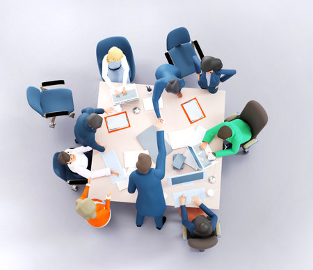 Business team hand-stack, business people celebrating success and professional achievement. People working together in office, collaborating on a project. 3D rendering illustrationの写真素材