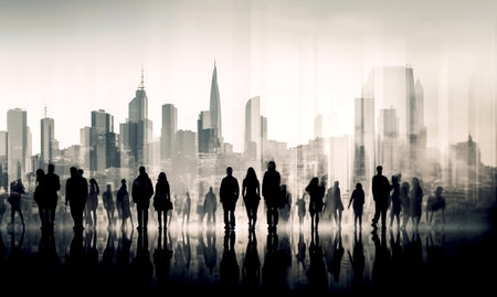 Silhouettes of people walking in the city. Sun light and modern skyscrapers at the background. Business concept AI generative illustrationの素材