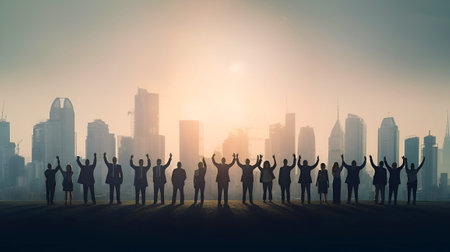 Team of successful business people rise hands up towards sunset. Working together, hope and help AI generative illustrationの素材