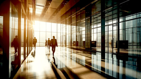 Business people walking in big glass lobby with beautiful morning sun lights reflection. AI generative business concept illustrationの素材