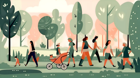 Cute people walking in park with kids, motherhood and childhood concept IA generative vector flat illustrationの素材
