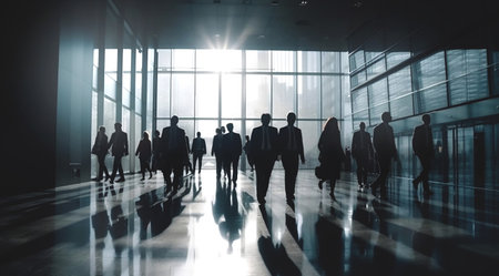 Business people walking in big glass lobby with beautiful morning sun lights reflection. AI generative business concept illustrationの素材