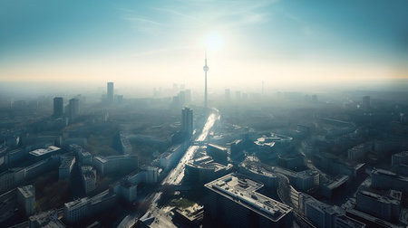 Beautiful futuristic city view at sunset. AI generative illustrationの素材