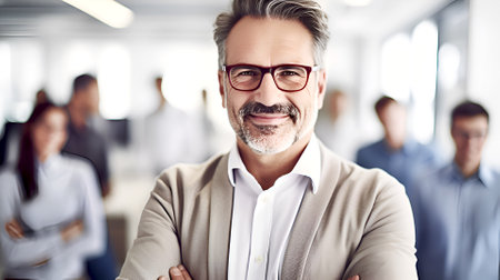 Portrait of successful businessman in office, smiling to camera, blur of office workers at the background. Illustration made with generative AIの素材