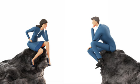 Businessman and business woman sitting on top of mountain pick and thinking . 3D rendering illustrationの写真素材
