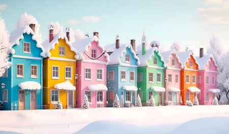 Christmas village in snow, panoramic view, cartoon imaginative town, Illustration made with Generative AIの素材