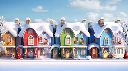 own street with beautiful cartoon houses decorated for Christmas and New Year. Front view. Illustration made with AI Generativeの素材
