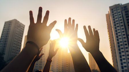 Lots of hands raised up in the air. Celebration of success, happiness, being together AI generative illustrationの素材