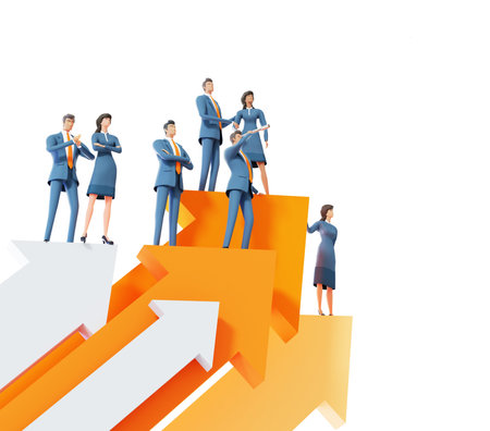 Business people, successful team stay on top of big arrows, showing achievement, growth, professional success. 3D rendering illustrationの写真素材