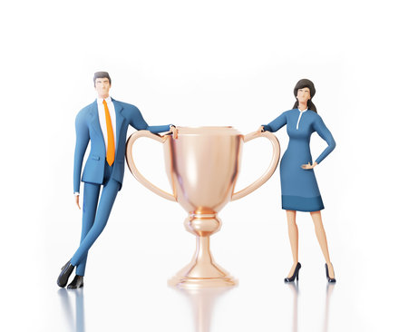 Successful business people stay next to golden trophy. Achievement, growth, professional success concept 3D rendering illustrationの写真素材