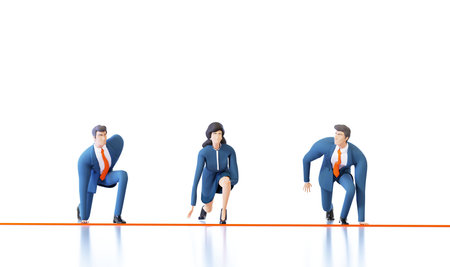Business people stay in starting position, people ready for the race. Competition, professional tests, personal achievements concept 3D rendering illustrationの写真素材