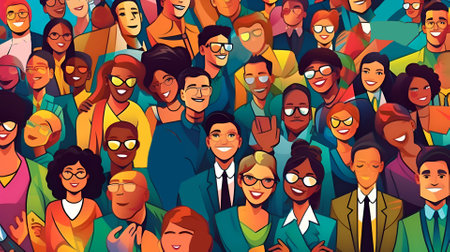 Illustration of people different colours, age and professional backgrounds. Happy people, togetherness. AI generativeの素材