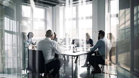 Business people having a meeting in office. Group of people collaborating on a project, talking and sharing ideas. Illustration made with AI generativeの素材