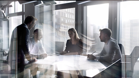 Successful businessman talking to colleagues, having a presentation. Group of people collaborating on a project, talking and sharing ideas. Illustration made with AI generativeの素材