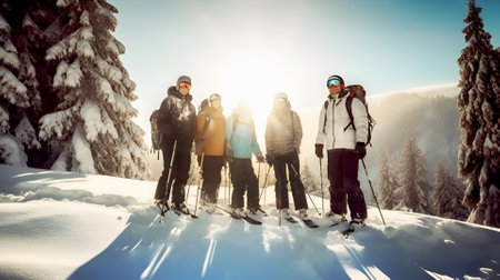 Group of young happy people Skiing On Snow Mountains. Travel, healthy life style, sport concept illustration made with AI generativeの素材