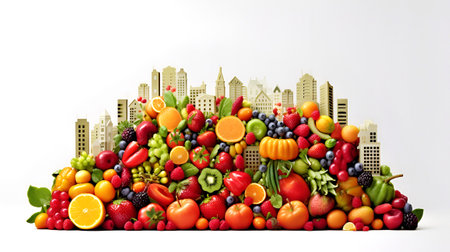 Fruits and vegetables set up with abstract city, skyscrapers and buildings made of card board. Healthy living, nutritions, concept illustration made with AI generativeの素材