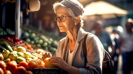 Old woman choosing fruits and vegetables at street market. Healthy eating, nutritions concept illustration made with generative AIの素材
