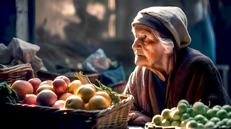 Old woman choosing fruits and vegetables at street market. Healthy eating, nutritions concept illustration made with generative AIの素材