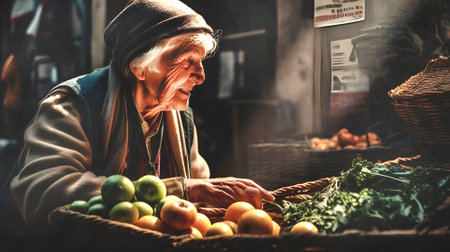 Old woman choosing fruits and vegetables at street market. Healthy eating, nutritions concept illustration made with generative AIの素材
