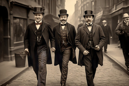 Rich English men walking on street, 1890th, vintage photo Generative AIの素材