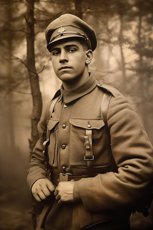 Portrait of soldier 1890, Soldier in uniform posing for photo. Vintage photo made with Generative AIの素材