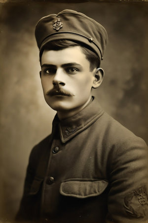 Portrait of soldier 1890, Soldier in uniform posing for photo. Vintage photo made with Generative AIの素材