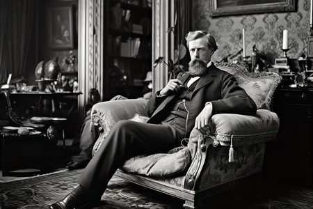 Rich man aristocracy, banker, businessman sits in chair in drawing room, 1890. Vintage photo made with Generative AIの素材