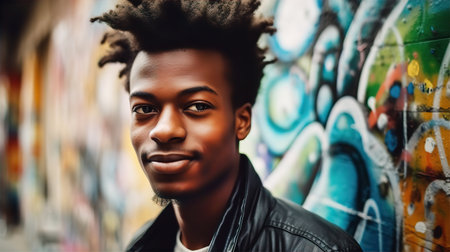 Young black man street artist portrait. Handsome man leans against of wall with paintings and smile.の素材