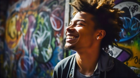 Young black man street artist portrait. Handsome man leans against of wall with paintings and smile.の素材
