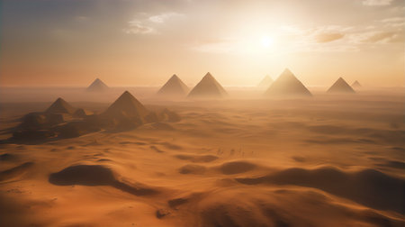 Egyptian pyramids at sunset and dramatic skyの素材