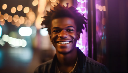 Portrait of young beautiful black woman on city street at night. Neon lights and glass reflection.の素材