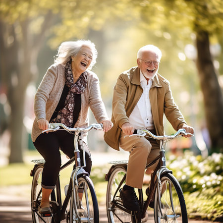 Happy aged couple riding bikes in park, healthy lifestyle, romance, family concept .の素材