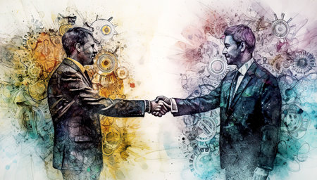 Two successful business people shaking hands, making agreements, working together concept.の素材