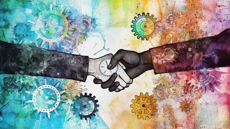 Two successful business people shaking hands, making agreements, working together concept.の素材