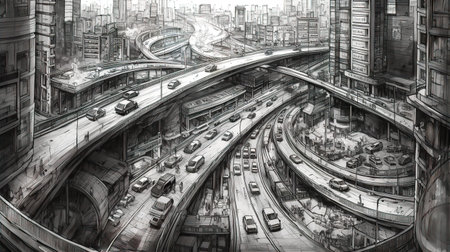 Modern City with lots of roads, bridges, road junctions and transport. Traffic congestion, pollution problems, environmental conceptの素材