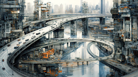 Modern City with lots of roads, bridges, road junctions and transport. Traffic congestion, pollution problems, environmental conceptの素材