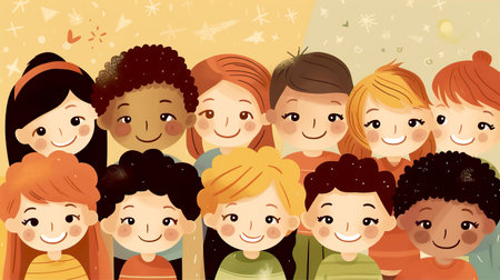 Happy kids stay in line, front view. Childhood, back to school conceptの素材