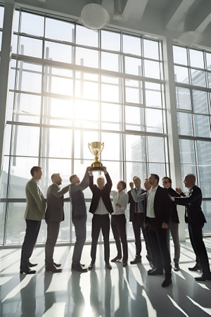 Business people walking in big glass lobby with beautiful morning sun lights reflection. Office skyscraper entrance hall. AI generativeの素材