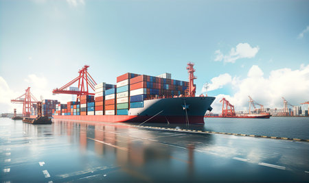 Container ship getting to port. Cargo, transportation, supply and economy ideaの素材