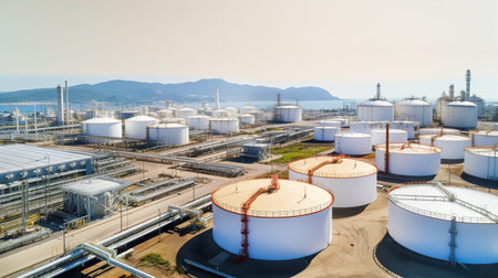 Oil and gas refinery plant industrial zone. Refinery factory oil storage tank. Industrial site and transportation concept. AI Generativeの素材