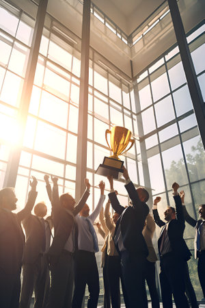 Motion blur of walking people silhouettes a big glass lobby with beautiful morning sun lights reflection. Office skyscraper entrance hallの素材